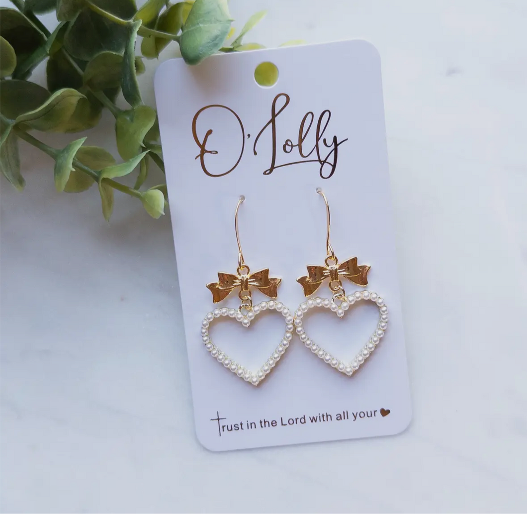 Gold Bow and Pearl Heart Earrings