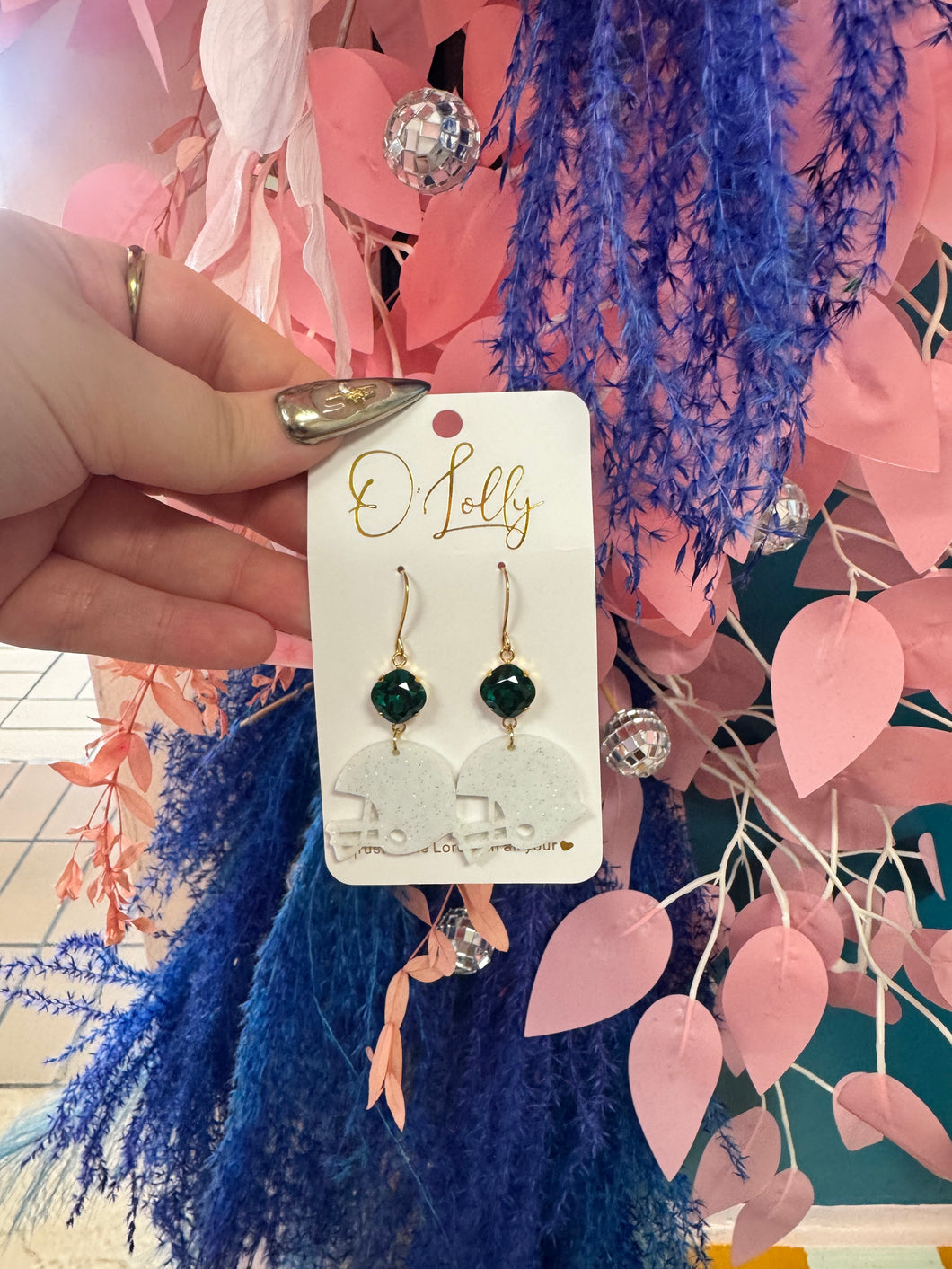 White and Green Football Earrings